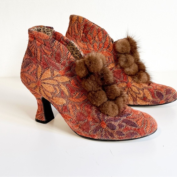 baci Shoes - Baci Daisy Tapestry Victoria ankle booties heels with mink fur pompoms size 8